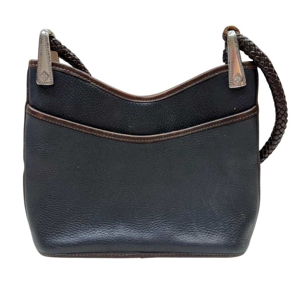 BRIGHTON Bucket Bag Pebbled Leather Black Brown Shoulder Tote Vtg Braided Strap - Picture 2 of 15